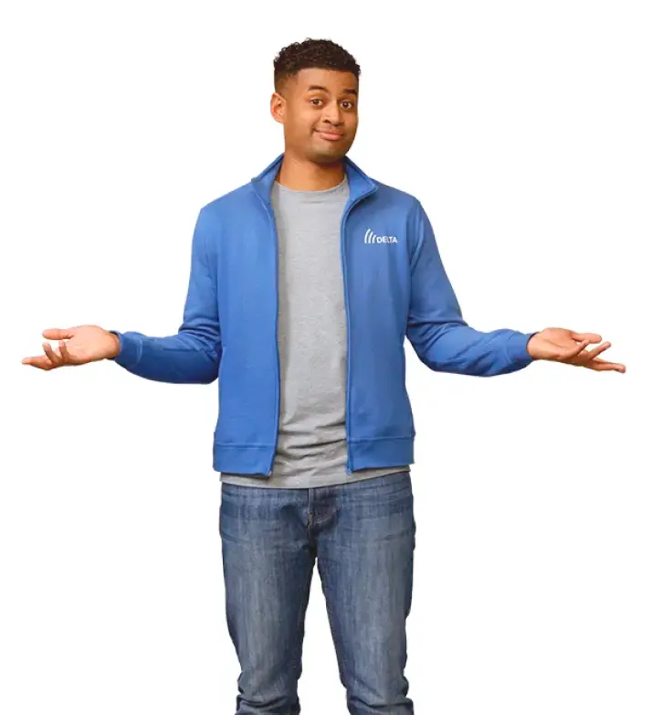 Vrijstaande Donnie met handpalmen naar boven